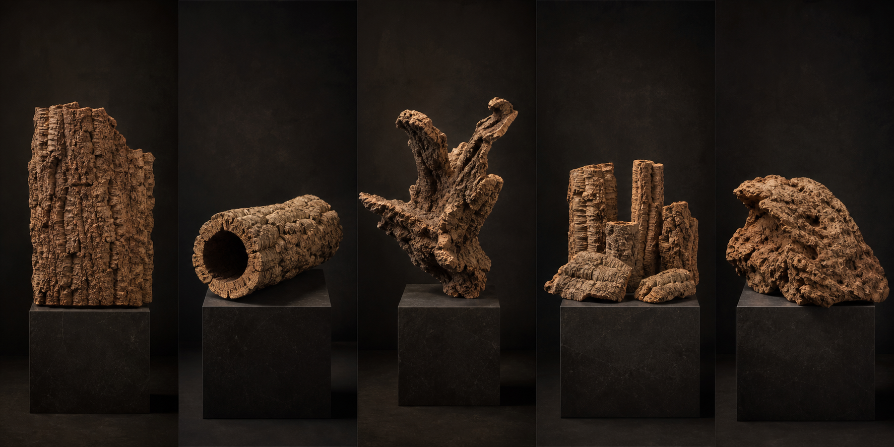 Five distinct pieces of cork bark, each displayed on its own plinth