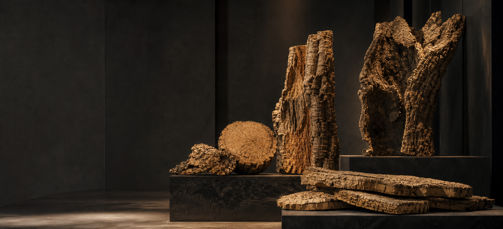 Pieces of natural cork bark lit individually on gallery plinths